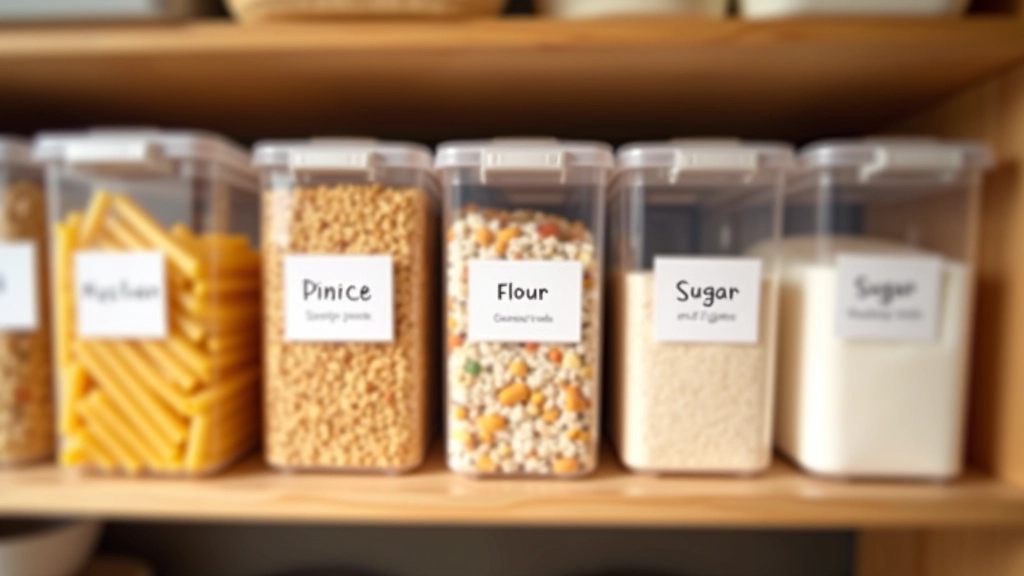 Clear plastic storage containers with labeled dry goods organized on wooden shelves, showing pasta, rice, cereals, and flours in uniform square containers