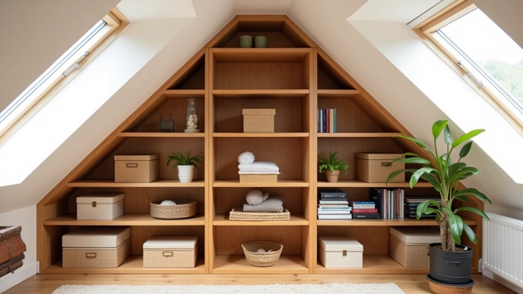 Bespoke fitted shelving in loft conversion with stained wood, fitted snugly against sloped ceiling and eaves, organized with storage boxes and books