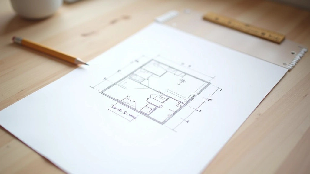 Architect's sketch and measurements laid out on desk showing loft conversion floor plan with ceiling slope annotations and shelf placement marks