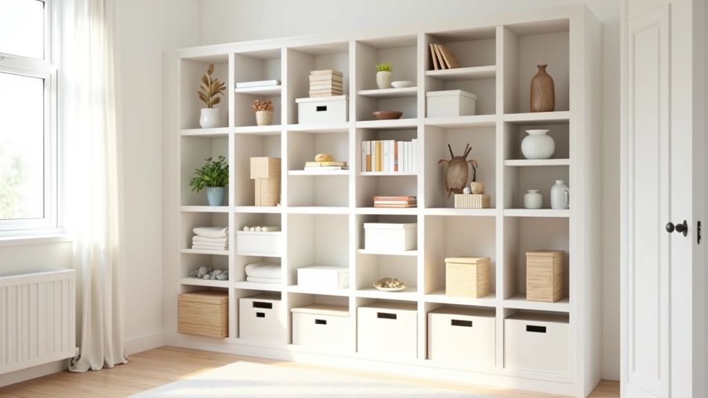 Modern IKEA shelving unit with organized storage boxes and books in a bright living room, showing practical organization of everyday items