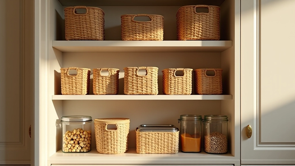 Kitchen pantry shelves organized into zones with woven baskets, each basket containing different food categories, clearly labeled, showing baking, snacks, and dry goods sections