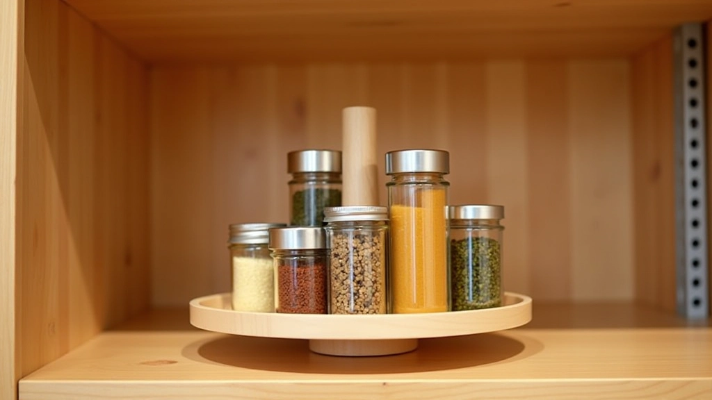 Lazy Susan turntable with spice jars and small containers on a kitchen pantry shelf, making items easily accessible and rotating for visibility