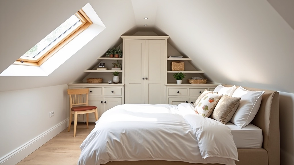 Bright loft conversion with sloped ceilings featuring custom fitted shelving, under-eave storage boxes, and vertical wall shelves maximizing space
