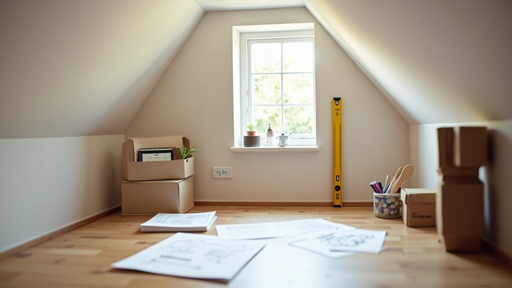 Loft space with measuring tape and level on wall, showing typical sloped ceiling challenge and planning setup