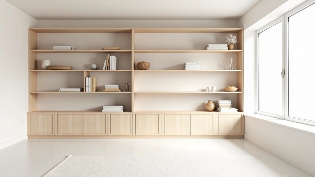 Modern storage shelving in a bright living space