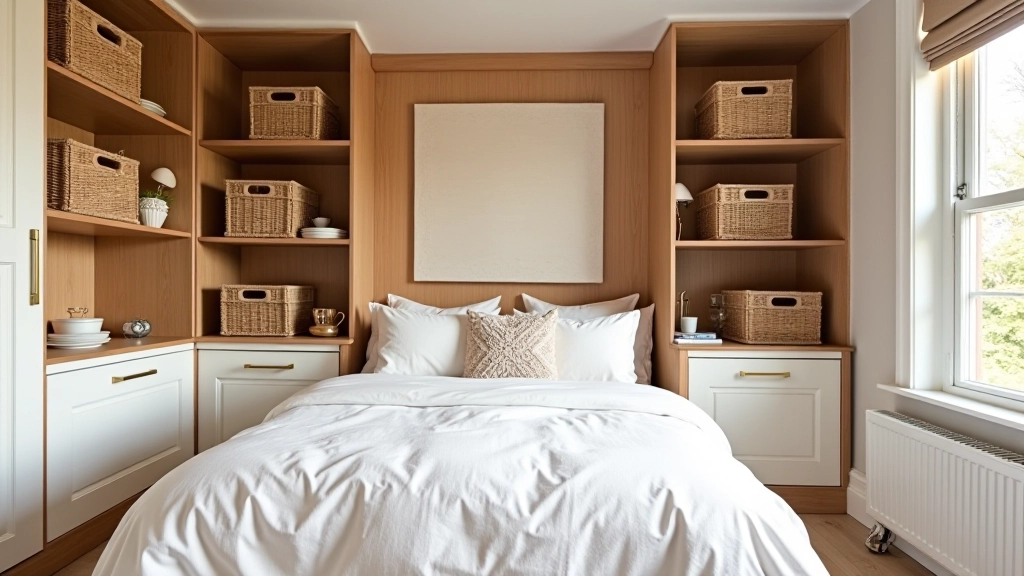 Organised Victorian bedroom with custom shelving units displaying storage baskets and organised items on wall-mounted shelves
