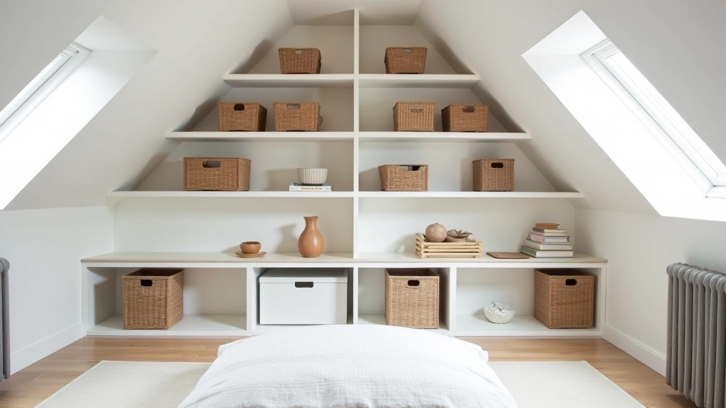 Modern modular shelving system installed in loft bedroom, white painted shelves with storage baskets, arranged in stepped pattern following ceiling slope