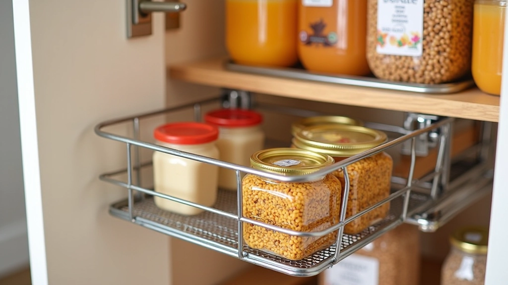 Pull-out wire baskets or drawer organizers in a pantry cupboard showing items easily accessible without reaching to the back of deep shelves
