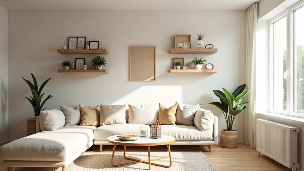 Compact living room corner with IKEA storage units, stacked boxes, wall-mounted shelves, and affordable organizers creating a tidy, functional space