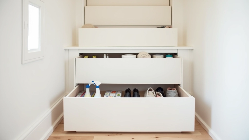 Under-stairs storage solution with sliding drawers and shelves