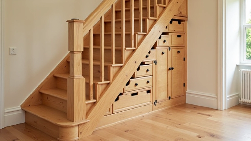 Under-stair storage area with pull-out drawers and cupboards integrated into the staircase structure