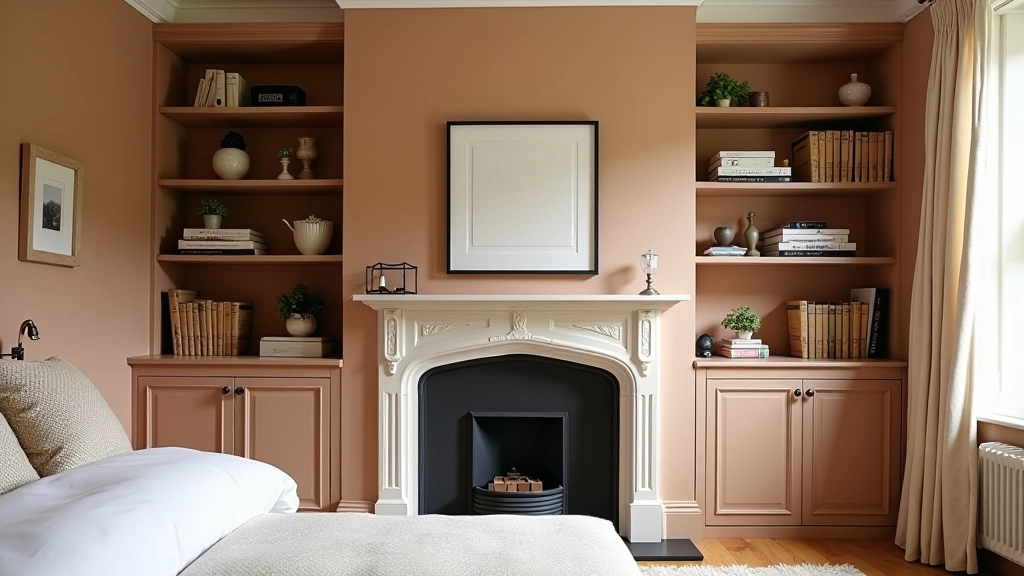 Bedroom with fitted storage shelving built around a period chimney breast, displaying books and personal items