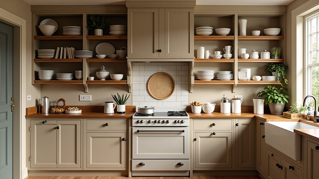 Kitchen with period-style dresser and open shelving displaying china and kitchenware in Victorian home