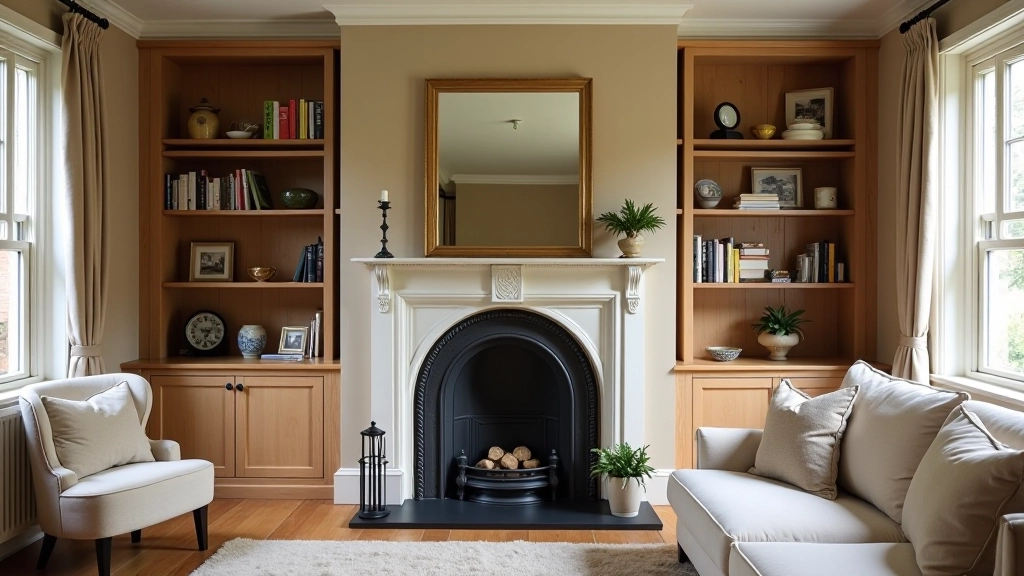 Victorian living room with custom fitted shelving in alcove spaces on either side of fireplace, displaying books and decorative items