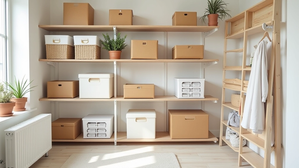 Organized home storage space showing properly assembled shelving units with various storage solutions, neatly organized items and containers