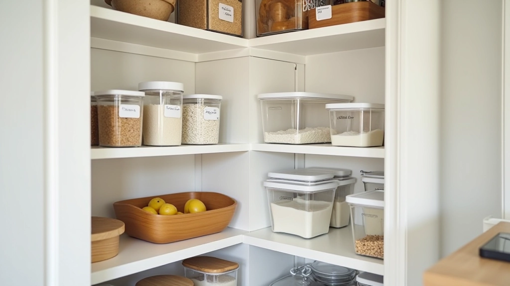 Modern kitchen pantry with labeled storage containers, pull-out shelves, and organized dry goods arranged on tiered shelving