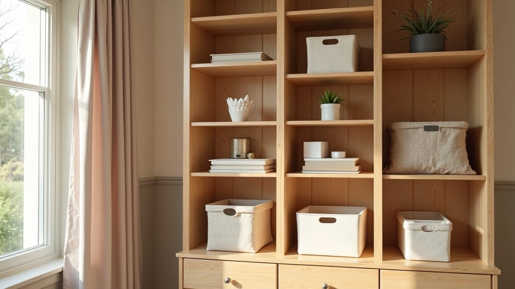 B&Q storage solutions in a bedroom, showing wooden shelves, fabric storage boxes, and organizational systems in a contemporary bedroom setting